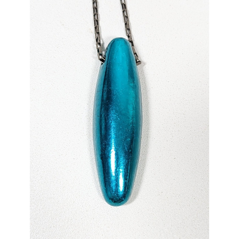 Mixology NYC Blue Metallic Heavy Oval Pendant Gray Chain Necklace‎ 30" Long
